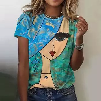 Футболка для женщин, пуловер с абстрактным принтом 3D-лица, повседневная одежда в стиле Харадзюку с круглым вырезом и коротким рукавом, летняя свободная женская футболка XXS