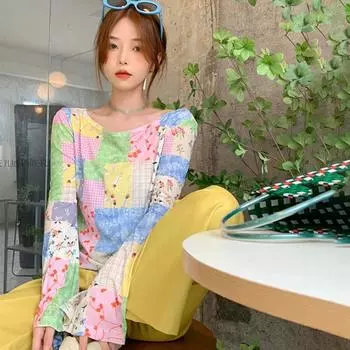 Футболка для женщин с цветными блоками, вырез лодочкой, длинные рукава, футболки с расклешенными рукавами, топ