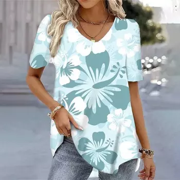 Футболка для женщин с цветочным принтом Футболки с V-образным вырезом Свободная блузка с коротким рукавом Женские модные графические топы Уличные топы в стиле Харадзюку S