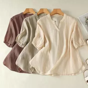 Футболка для женщин с короткими рукавами, тонкий дизайн для лета, плиссированный свободный топ с V-образным вырезом, утягивающий эффект, ретро-футболка M хаки