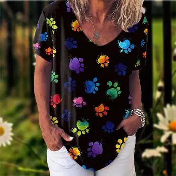 Футболка для женщин с принтом, футболка для девочек-кошок, модная летняя футболка с коротким рукавом и v-образным вырезом, повседневный свободный топ, женская уличная рубашка большого размера 3XL