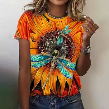 Футболка для женщин с принтом стрекозы, модная повседневная женская большого размера с коротким рукавом и круглым вырезом, женская одежда Harajuku 2025 Лето XXS