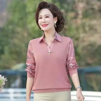 Футболка для женщин среднего возраста с длинным рукавом и отложным воротником, майка для мам, весенняя одежда, новая блузка XXXXXL розовый