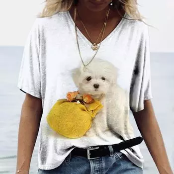 Футболка для женщин, женская одежда с милой собакой, модная уличная одежда с v-образным вырезом, женская футболка, топы с короткими рукавами и узором Харадзюку, футболка S