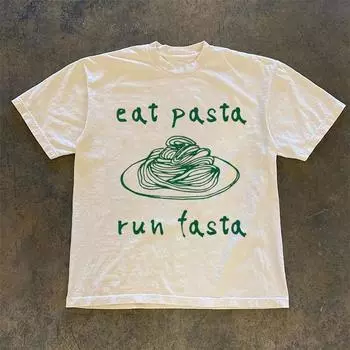Футболка Eat Pasta Run Fasta с милым принтом, мультяшный забавный принт, 2024, женская футболка с круглым вырезом, винтажные топы S