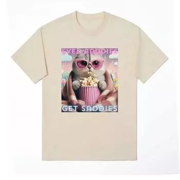 Футболка Even Baddies Get Saddies Cute Cat Funny Meme, мужская и женская одежда, эстетичная футболка, летние уютные топы из 100% хлопка, футболки S чёрный