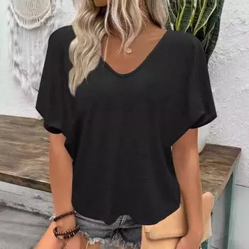 Футболка европейско-американского кроя 2025 года с V-образным вырезом, плиссированная, свободного кроя, с короткими рукавами, в ярких тонах. S жёлтый