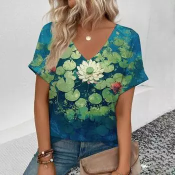 Футболка Fashion Art с V-образным вырезом и принтом Pond Lotus, элегантная футболка с короткими рукавами и V-образным вырезом, летняя футболка 2024 года, большой размер, повседневная футболка S