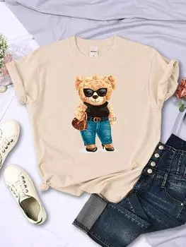 Футболка Fashion Teddy Bear Rich Woman Street Hip Hop с короткими рукавами, индивидуальная футболка Hip Hop с круглым вырезом, дышащая, летняя футболка S бежевый