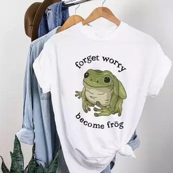 Футболка Forget Worry Become Frog, топы, летние повседневные женские футболки, топы Ulzzang, уличная одежда в стиле хип-хоп, футболка с коротким рукавом в стиле Харадзюку XS