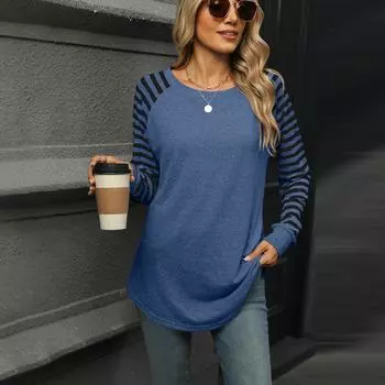 Футболка-фрак с цветными блоками и полосками в стиле пэчворк с круглым вырезом и длинными рукавами для женщин S чёрный