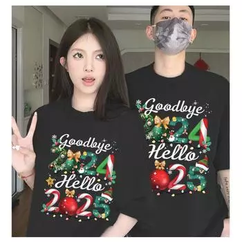 Футболка Funny Goodbye 2024 Hello 2025 для мужчин и женщин с коротким рукавом и 3D-принтом, семейные футболки с надписью «Счастливого Нового года», праздничные топы S чёрный