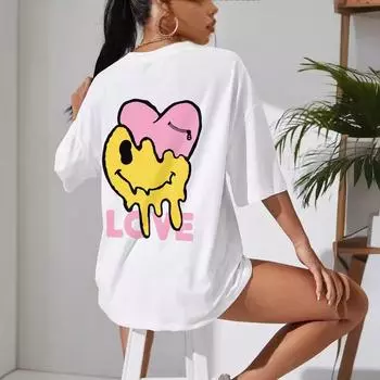 Футболка Funny Love Smiley женская с круглым вырезом, базовая уличная мода, короткий рукав, повседневная, свободная, спортивная, мягкий хлопок S белый