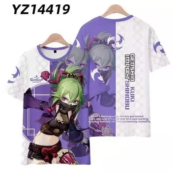 Футболка Game Genshin Impact с принтом KukiShinobu, 3D-косплей, унисекс, уличная одежда Harajuku, детский топ y2k, мужские и женские футболки с круглым вырезом S
