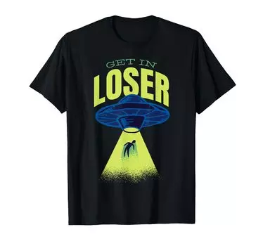 Футболка Get In Loser UFO Alien Abduction Spaceship Beam Funny Retro чёрный