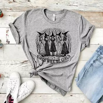 Футболка Girls Will Be Girls Witch Футболка Judith Beheading Holofernes Gothic Футболка Feminist Girl Power Halloween Women Witch Футболки S серый