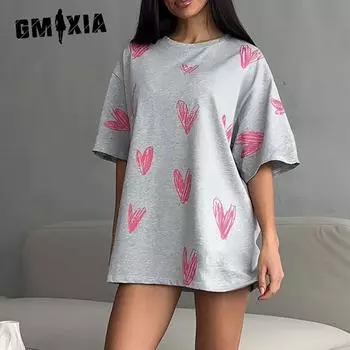 Футболка GMXIA с принтом «Любовное сердце» — новинка лета, уличный тренд, футболка с короткими рукавами и принтом «Любовное сердце», расписанная вручную S серый