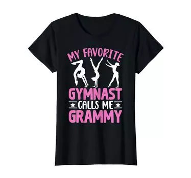 Футболка Grammy с изображением бабушки-гимнастки, балансирующего на бревне, гимнастического кувырка чёрный