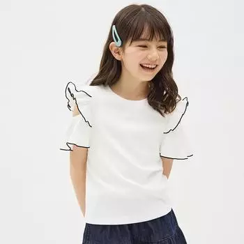 Футболка GU by Uniqlo GIRLS с открытыми плечами и оборками в рубчик, с короткими рукавами