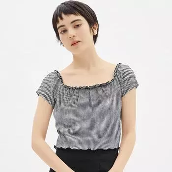 Футболка Gu By Uniqlo Check с открытыми плечами и коротким рукавом +e 09 BLACK/M