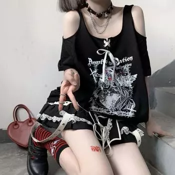 Футболка Harajuku Cartoon Print Kawaii Футболки женские с открытыми плечами Футболки Fairy Grunge Y2k Aesthetic Футболка Gothic Graphic S белый