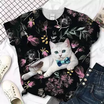 Футболка Harajuku Cat с 3D принтом, женская модная футболка с круглым вырезом и коротким рукавом, топ Y2K, летняя повседневная большая уличная футболка XS