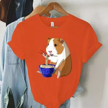 Футболка Harajuku Guinea Pig Noodles Ramen для женщин, летняя футболка с круглым вырезом, модная футболка с изображением морской свинки для женщин, футболка с коротким рукавом S чёрный