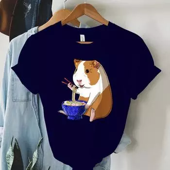 Футболка Harajuku Guinea Pig Noodles Ramen для женщин, летняя футболка с круглым вырезом, модная футболка с изображением морской свинки для женщин, футболка с коротким рукавом S чёрный