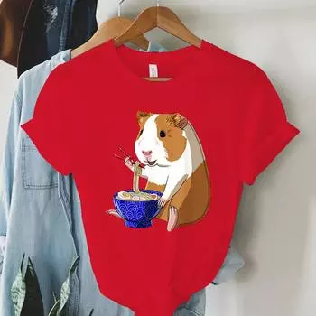 Футболка Harajuku Guinea Pig Noodles Ramen для женщин, летняя футболка с круглым вырезом, модная футболка с изображением морской свинки для женщин, футболка с коротким рукавом S чёрный