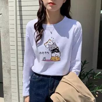Футболка Harajuku из чистого хлопка с длинным рукавом и принтом в виде мультфильмов для женщин, эстетичные топы Y2k, корейская повседневная свободная белая футболка в уличном стиле M