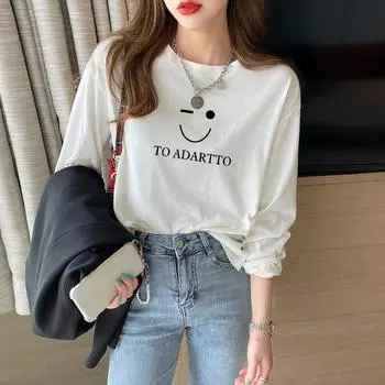 Футболка Harajuku из чистого хлопка с длинным рукавом и графическим принтом для женщин, эстетичные топы Y2k, корейская повседневная свободная белая футболка в уличном стиле M белый