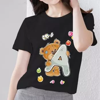 Футболка Harajuku, простая повседневная женская рубашка с надписью R, базовый стиль, игривая, с милым принтом медведя, с круглым вырезом, черная одежда L