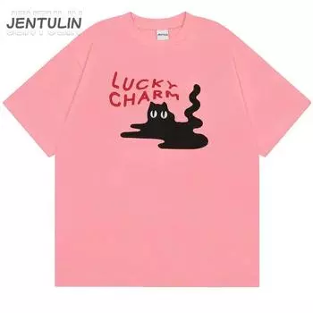 Футболка Harajuku, забавная эстетичная черная кошка с буквенным принтом Acubi, футболка с короткими рукавами, повседневные хлопковые свободные летние топы в стиле хип-хоп, футболки S чёрный