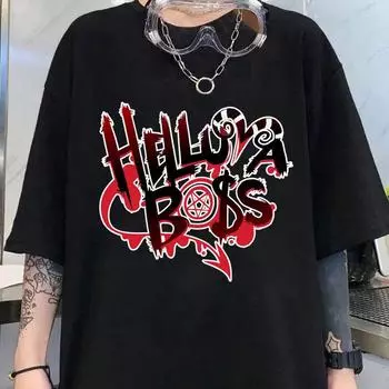 Футболка Helluva Boss для мужчин, летняя, с коротким рукавом, с рисунком из мультфильмов и аниме, женские футболки, 100% хлопок, модная одежда для пар, топы, футболки унисекс S чёрный