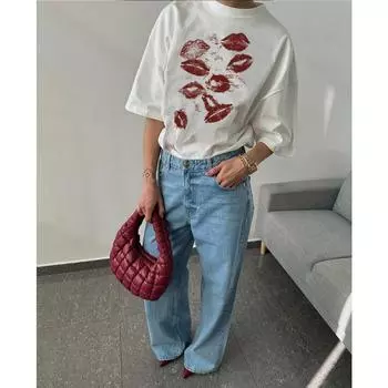 Футболка Hirsionsan Lip Graphic Printed женская летняя хлопковая мягкая футболка с коротким рукавом женская свободная футболка Higt Street M белый