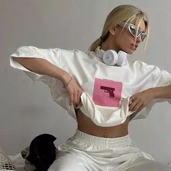 Футболка Hirsionsan Oversize Graphic T Shirt Women 2025 Summer Cotton Crewneck Short Sleeve Tees Female Casual Loose Higt Street Top M белый