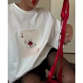 Футболка Hirsionsan с надписью «play Love» женская летняя хлопковая мягкая футболка с коротким рукавом женская свободная готическая футболка Higt Street M белый