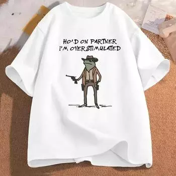 Футболка Hold on Partner Im Overstimulated Футболка Cowboy Frog Футболка Funny Meme Graphic Футболка Повседневные хлопковые топы с коротким рукавом S серый
