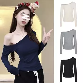 Футболка Hot Girl Slim Fit с открытыми плечами и длинными рукавами — универсальный дизайн для ранней осени S серый