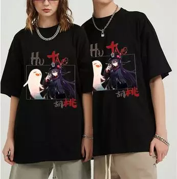 Футболка Hu Tao Genshin Impact, уличная одежда, большие футболки с короткими рукавами для мужчин, модная футболка в стиле Харадзюку, уличная одежда унисекс S чёрный