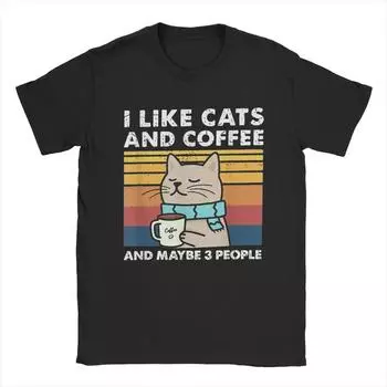 Футболка I Like Cats And Coffee для мужчин, 100% хлопок, повседневные футболки с круглым вырезом, футболки с коротким рукавом, новое поступление S чёрный