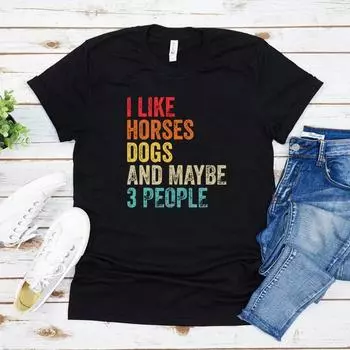 Футболка с надписью «I Like Horses Dogs and Maybe 3 People», футболка с надписью «Horse Lover», футболка для девочек с изображением лошадей, женские футболки с графическим принтом, винтажные топы с коротким рукавом S чёрный