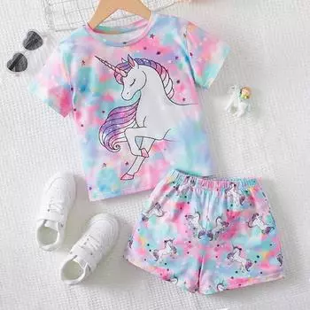 Футболка и шорты с 3D единорогом для девочек, пижамный комплект, розовый, с короткими рукавами, с 3D принтом, летняя активная мода, милый полиэстер, для детей 3–12 лет 100