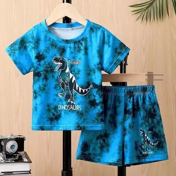 Футболка и шорты с 3D принтом динозавра для мальчиков, комплект из 2 предметов, повседневный топ с короткими рукавами и штаны, летний детский модный спортивный костюм, детский 100