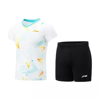 Футболка и шорты с коротким рукавом из трикотажного свитера Li Ning Badminton Series с логотипом по всей поверхности и V-образным вырезом, спортивный комплект для отдыха, женские комплекты AATT040-1 XS