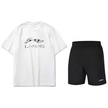 Футболка и шорты с логотипом Li-Ning Letter Print Fine Line, повседневный спортивный комплект для мужчин, белый ATST631-2+AKSS561-1 XL