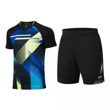 Футболка и шорты серии Li Ning для настольного тенниса, быстросохнущие, повседневный спортивный комплект для мужчин, черный AATR097-3 S