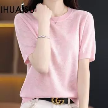 Футболка IHUASU Tencel с круглым вырезом и короткими рукавами из трикотажной шерсти, женская, весна-лето, новая, накидка на голову, универсальная блузка из шелка тутового дерева, джемпер S чёрный