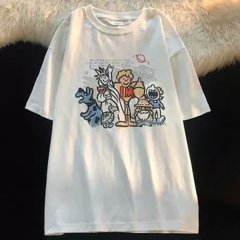 Футболка из 100% хлопка, летняя винтажная футболка с забавным мультяшным принтом для женщин, одежда Harajuku, свободные футболки, белые топы Y2k, уличная одежда UNISEX M белый
