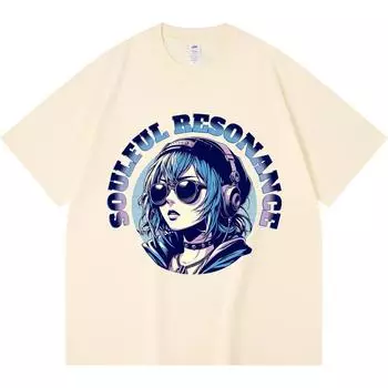 Футболка из 100% хлопка плотностью 230 г/м2 с принтом «Аниме-девушка с наушниками» Футболки в смешном стиле Харадзюку Футболка из чесаного хлопка XS абрикосовый